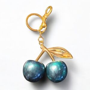 Teal Marble Cherry Purse Charm with Shiny Gold Hardware
